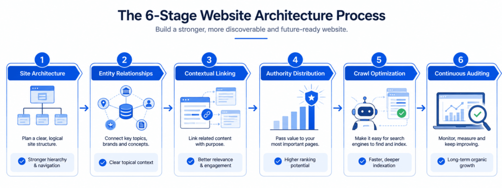 Six-stage website architecture process covering site structure, entity relationships, contextual linking, crawl optimization, and auditing.