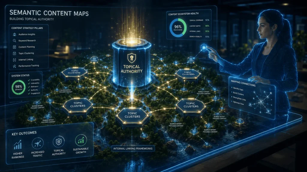 Visualization of the strategic content systems module, illustrating topic clusters, semantic mapping, and topical authority.