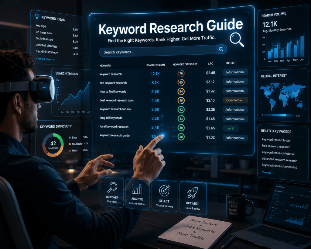 A person with VR goggles looking at keywords and search data on a virtual screen.