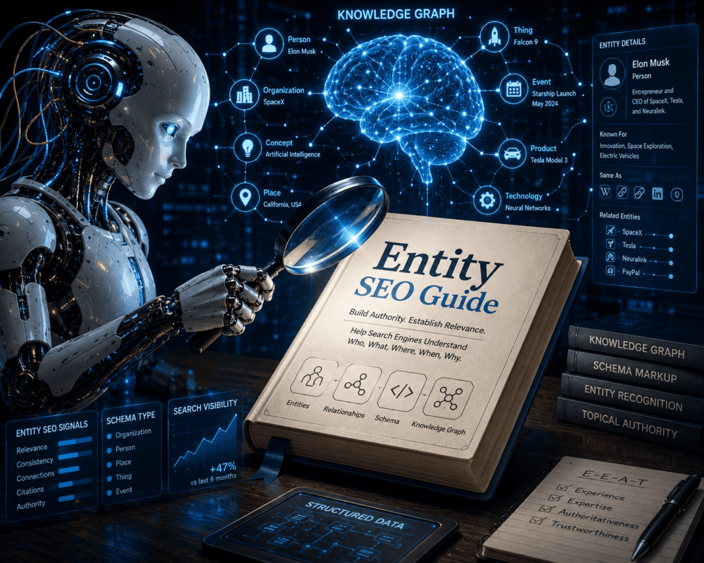 A robot inspecting a book titled "Entity SEO Guide" with a glowing brain in the background.