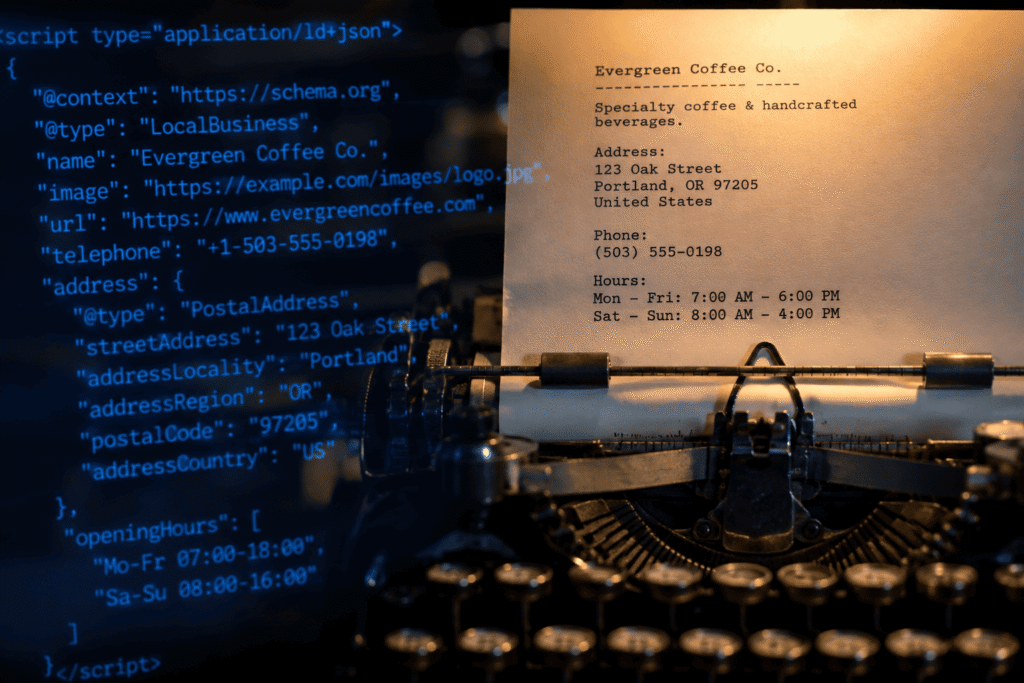 Vintage typewriter showing business details with a blue JSON-LD overlay representing machine-readable structured data.