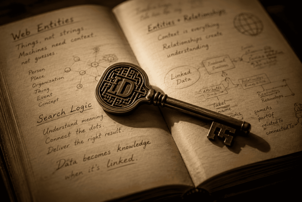 Brass key marked LD resting on a journal about web entities, linked data, and search logic. .JSON-LD