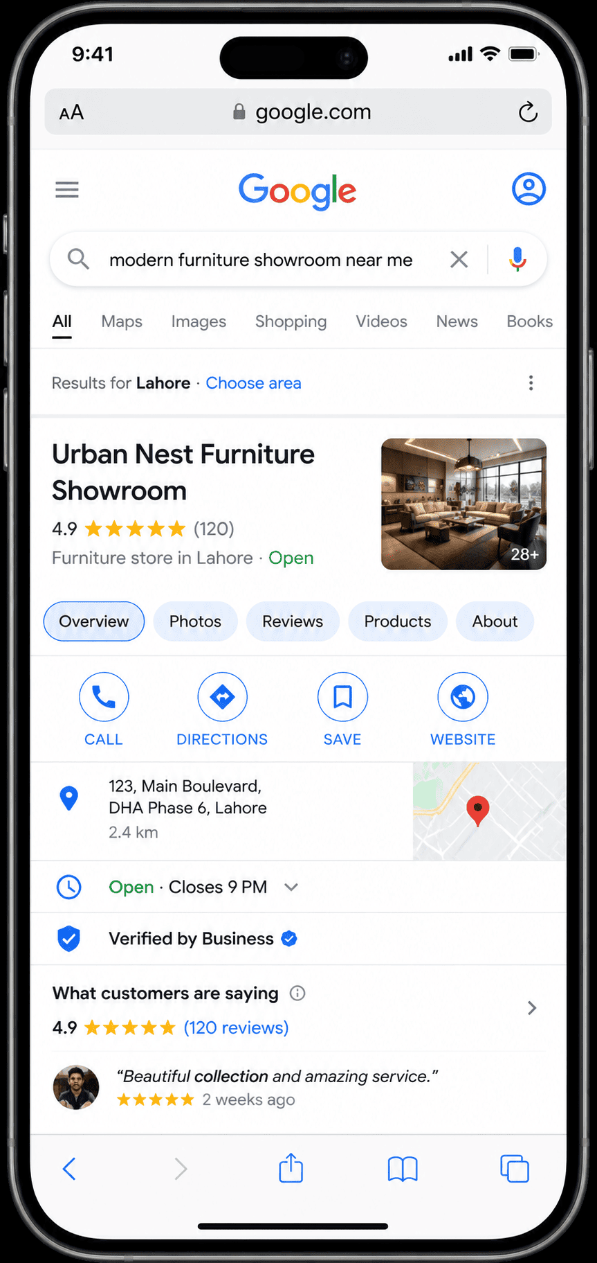 Mobile search result showing a local showroom with a 4.9-star rating, 120 reviews, hours, address, and photo.