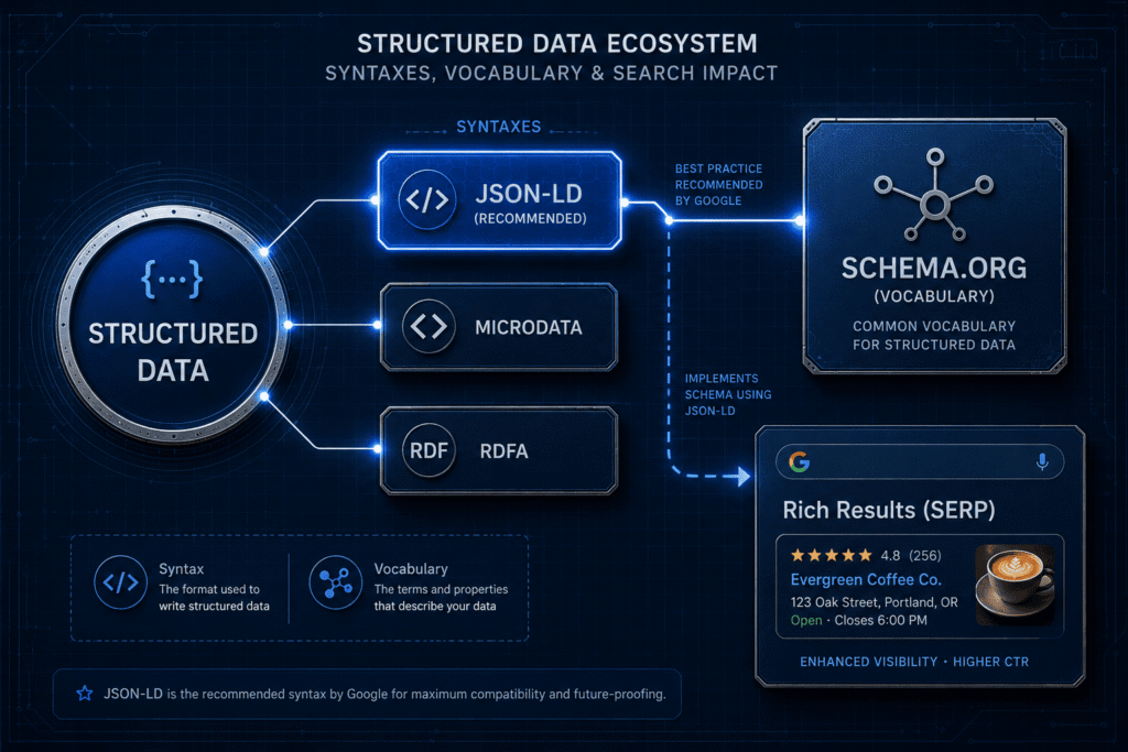 Diagram showing structured data connected to JSON-LD, Microdata, RDFa, Schema.org, and Rich Results in Google Search.