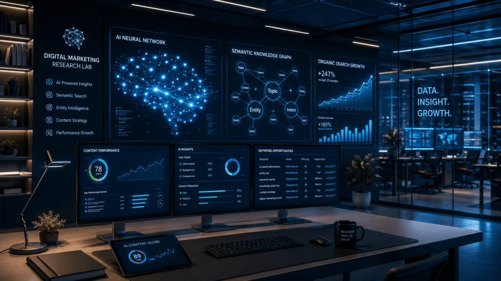 AI-assisted SEO apprenticeship program workspace showing search analytics and data workflows