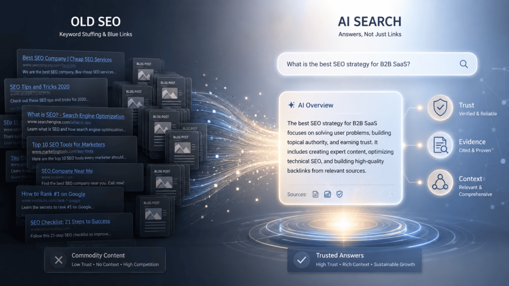 Diagram comparing traditional commodity SEO tactics with AI-ready search optimization and generative answer engines.