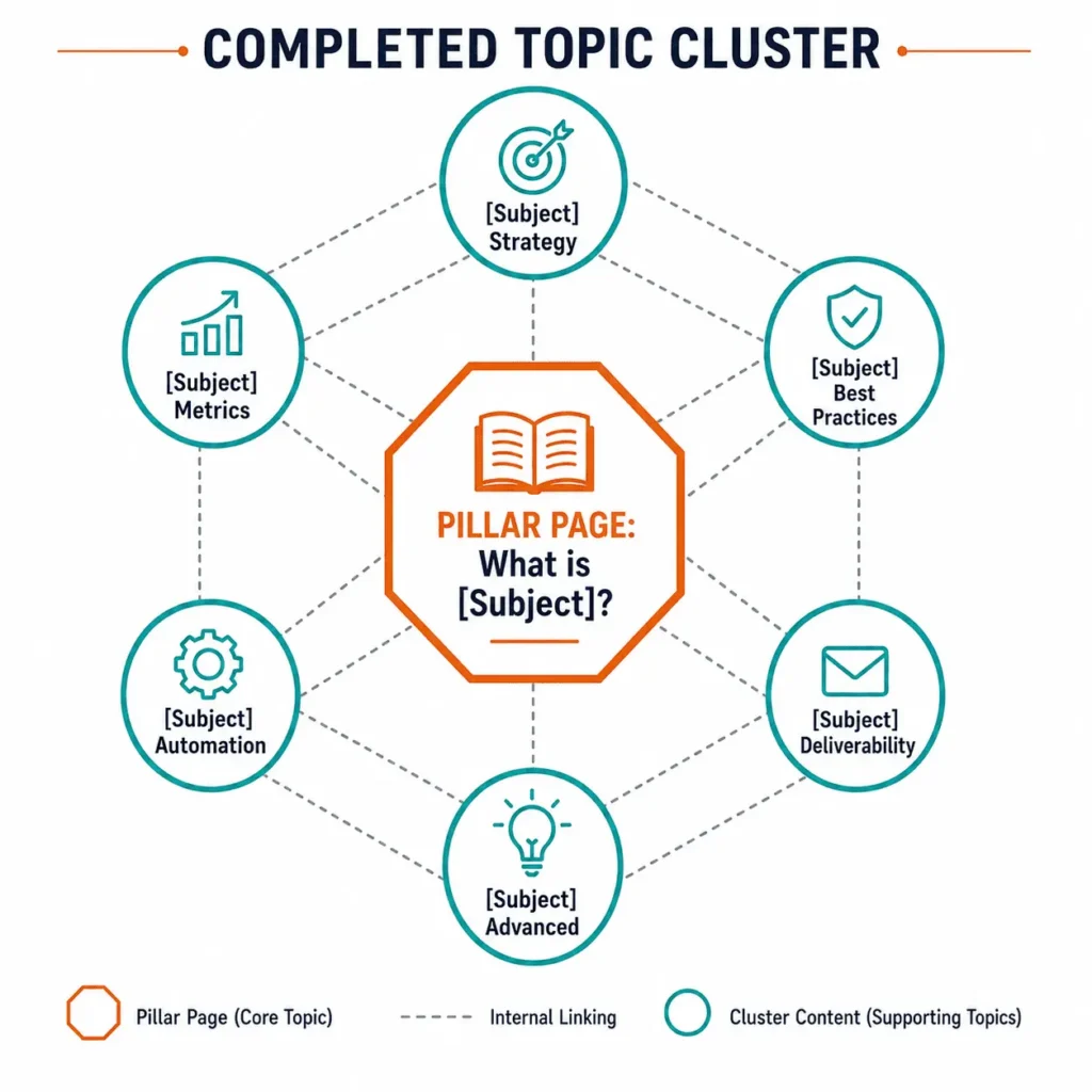 Vector infographic illustrating the interlinked relationships of a Pillar Page and supporting Topic Cluster articles.
