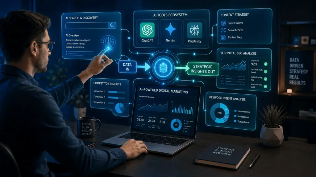 Visualizing an integrated AI-assisted SEO workflow using tools like ChatGPT and Gemini for strategic search analysis.