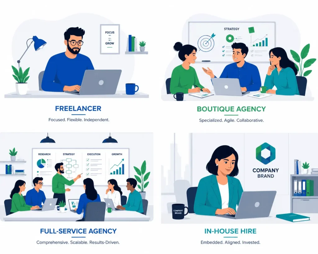 Flat vector illustration comparing four distinct types of SEO providers: Freelancer, Boutique Agency, Full-Service Agency, and In-House Hire.