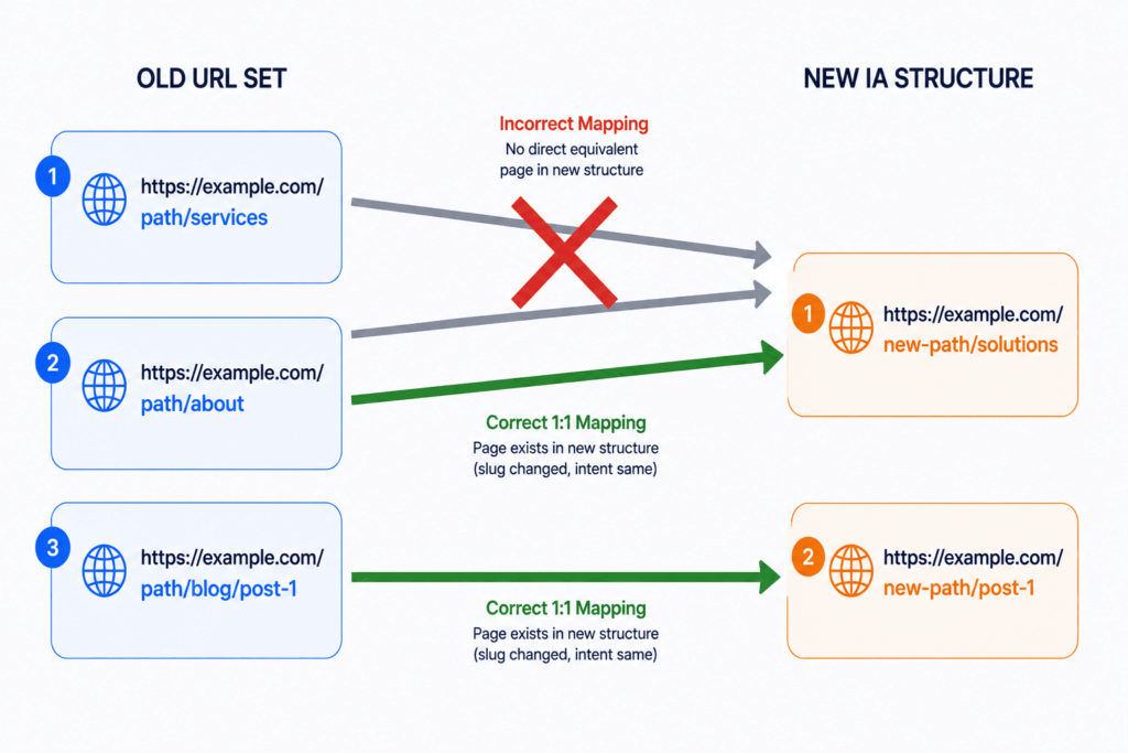An infographic contrasting incorrect, automated pattern-matching with correct, intent-based 1:1 redirect mapping between an old URL set and a new information architecture.