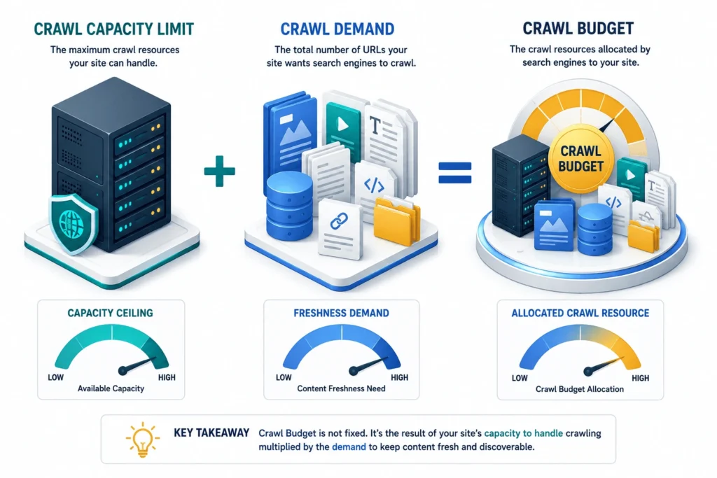 An isometric diagram illustrating how a web server's capacity and content-freshness demand combine to determine a site's overall crawl budget allocation.