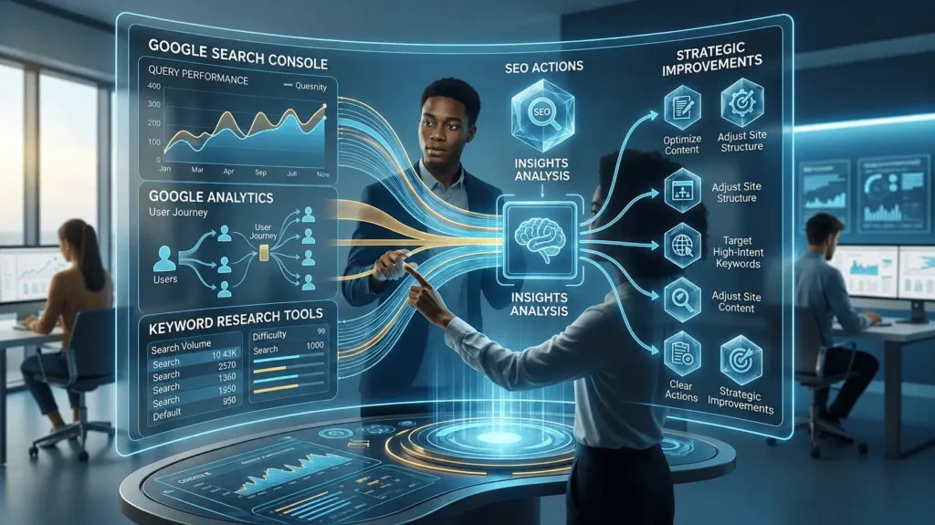 Two SEO strategists analyzing data from Google Search Console and Google Analytics on a glass interface for data-driven SEO decision making.