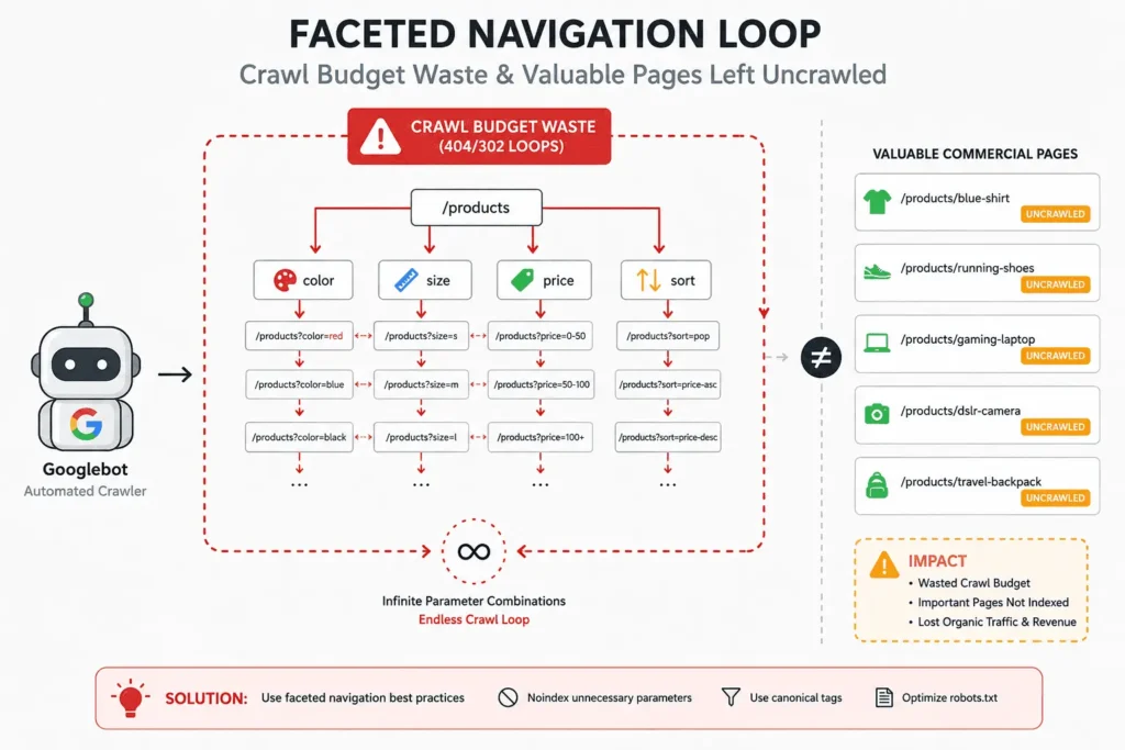 Flowchart showing search engine crawlers getting trapped in faceted navigation parameter loops, wasting site crawl budget.