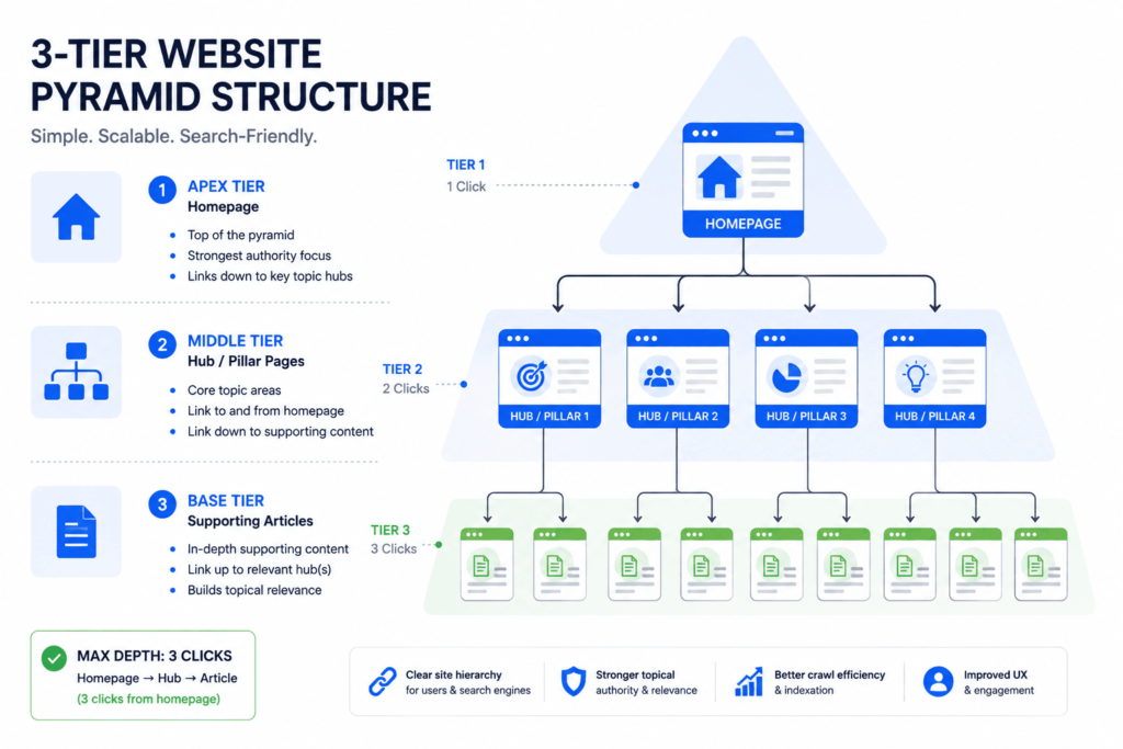 Website hierarchy pyramid diagram illustrating homepage, pillar hub pages, and supporting content within three clicks
