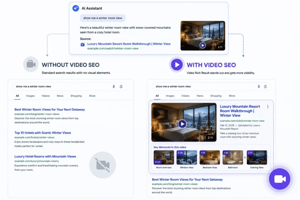 A composite illustration comparing two search result layouts: one with minimal text links versus one showing a hospitality video appearing as a Rich Result with a thumbnail, duration, and key moments marker.