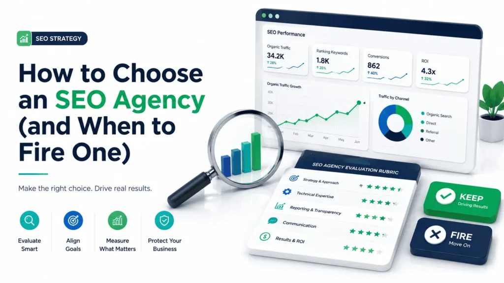 Featured image for the guide on how to choose an SEO agency in 2026 showing analytical search strategy tools.