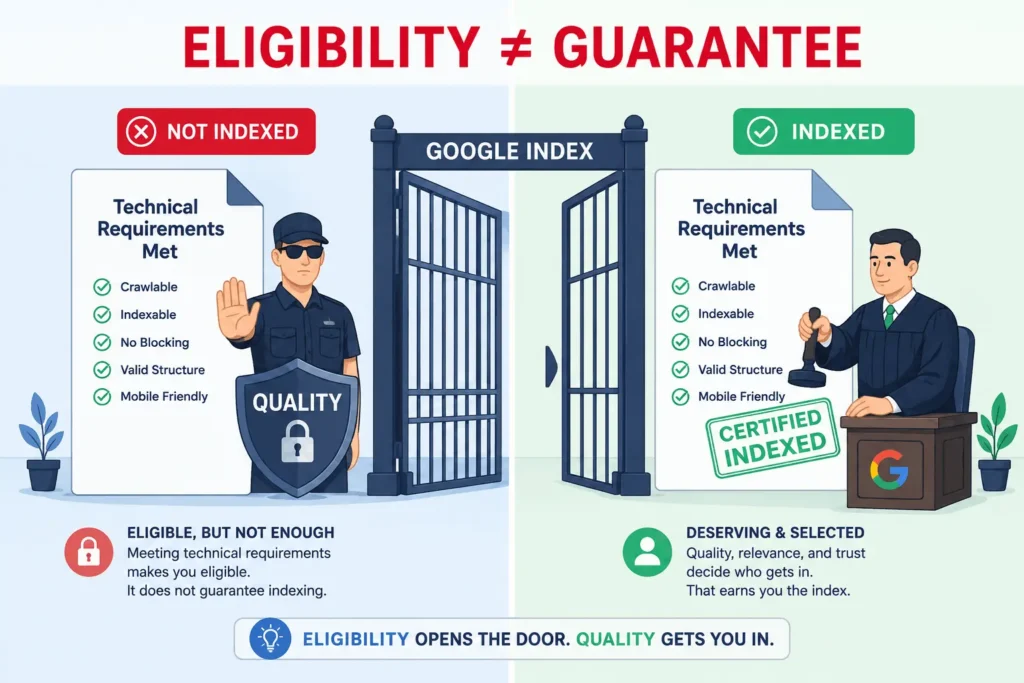 Diagram showing a "Technical Requirements Met" document being stamped "CERTIFIED INDEXED," illustrating the selective nature of indexation.