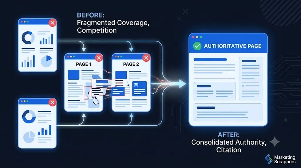 Diagram showing multiple competing web pages consolidating into one authoritative page.