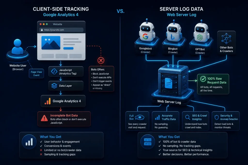 Isometric diagram illustrating how server log analysis captures raw bot requests missed by client-side analytics tools like GA4.