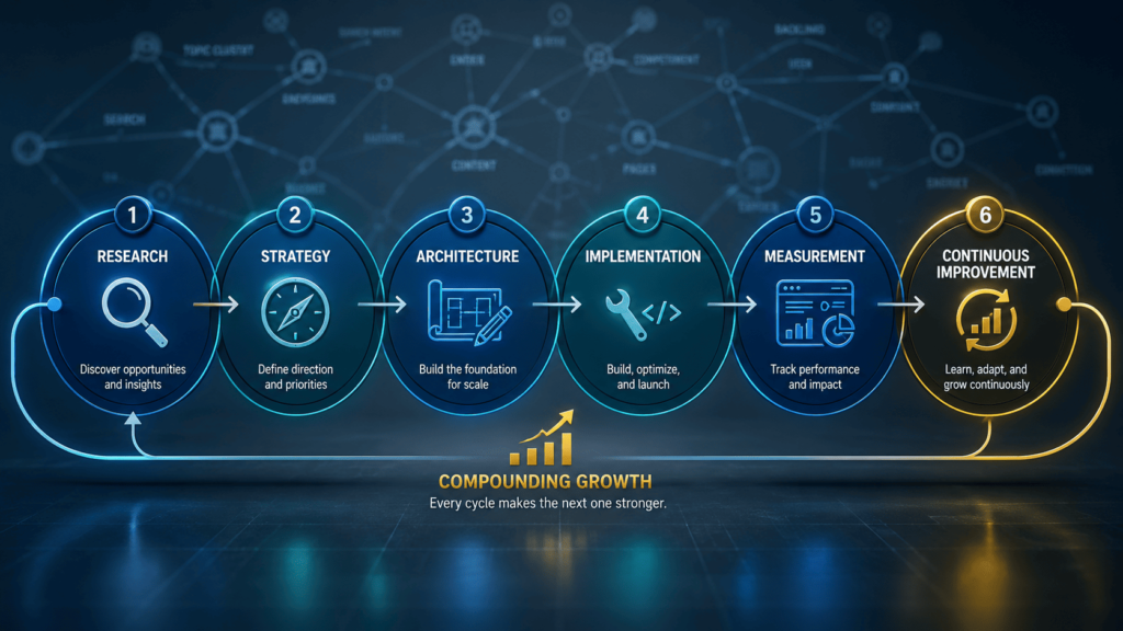 Flowchart detailing Marketing Scrappers' 6-stage methodology from Research and Strategy to Continuous Improvement.