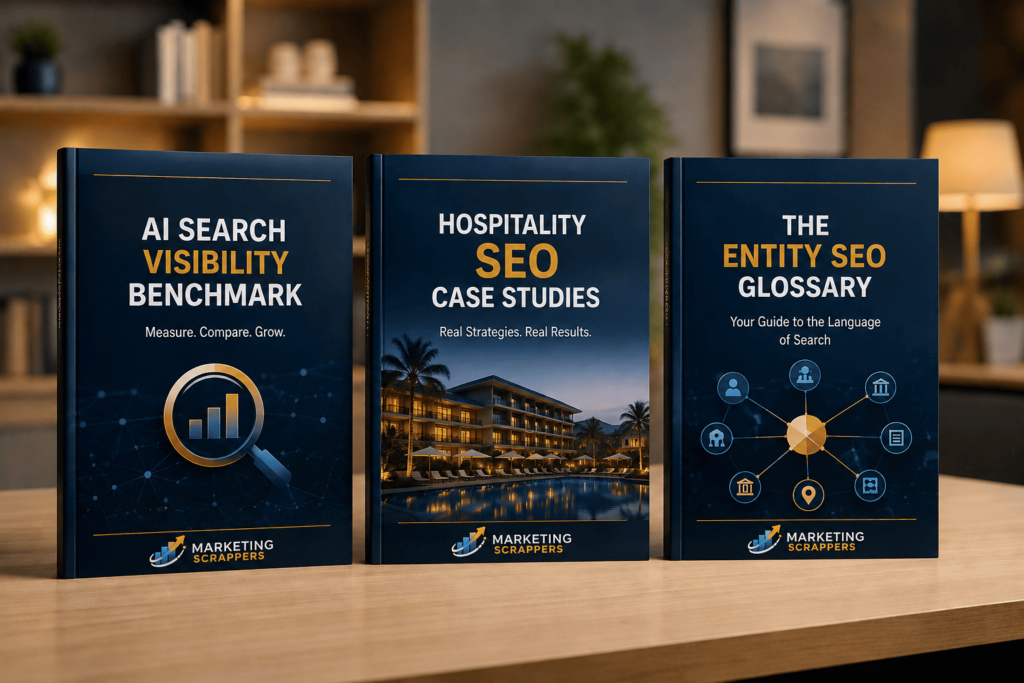 About Marketing Scrappers report collection featuring AI Search Visibility Benchmark, Hospitality SEO Case Studies, and The Entity SEO Glossary on professional report cover mockups.
