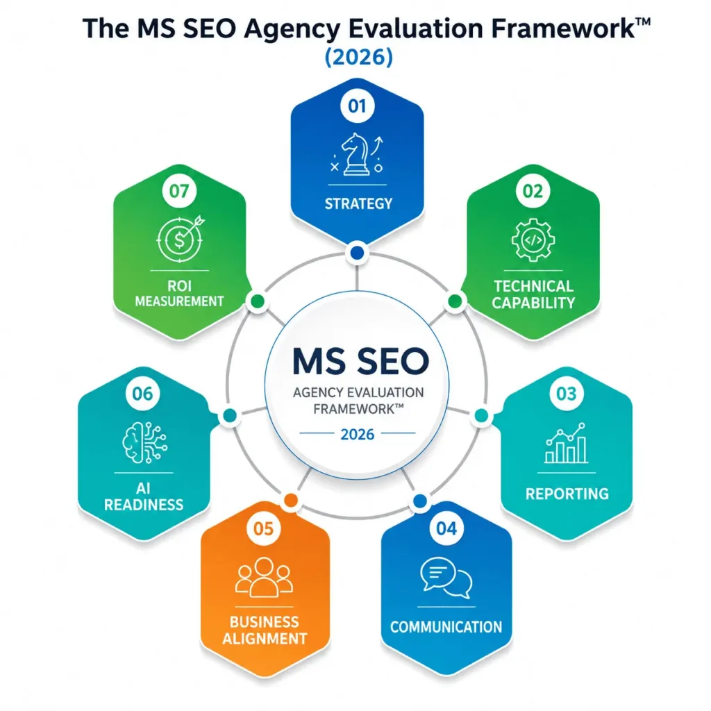 A seven-pillar schematic diagram outlining the core evaluation criteria for hiring an SEO agency.