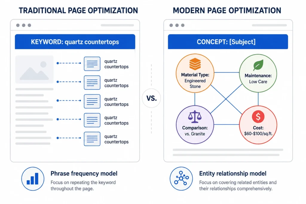 Infographic showing a phrase frequency page model and a relationship-based entity network model for the same topic.
