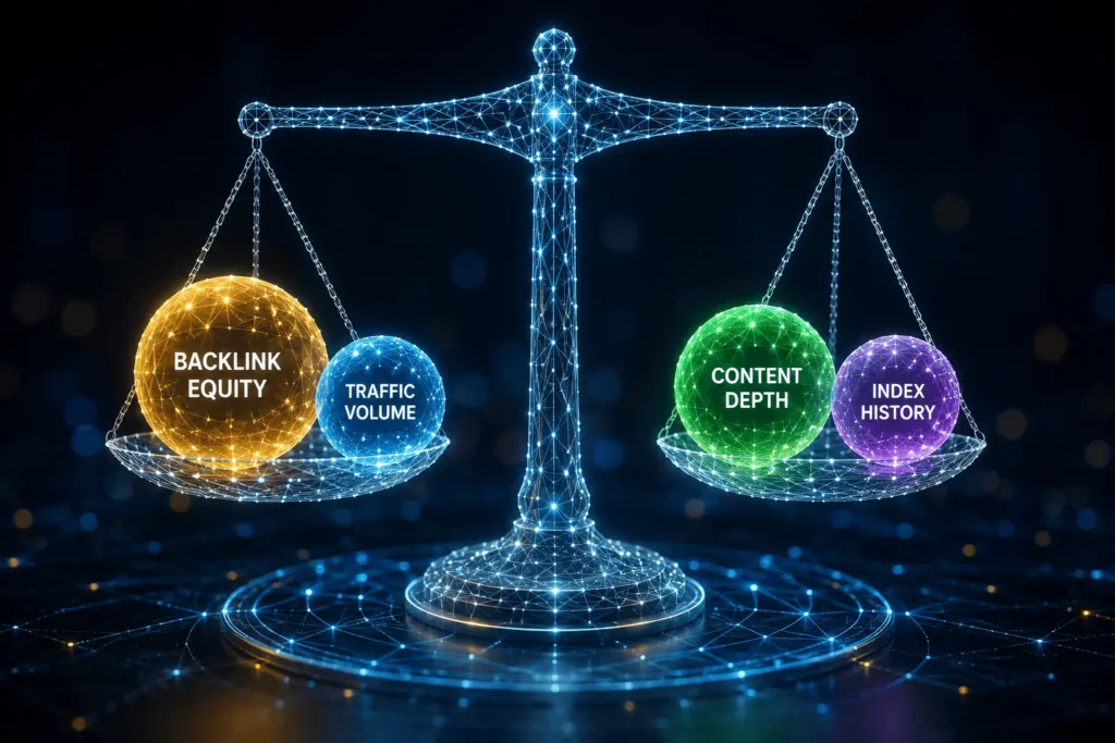 Visual representation of weighted SEO metrics (backlinks, traffic, depth) being balanced on a scale during the authority evaluation phase.