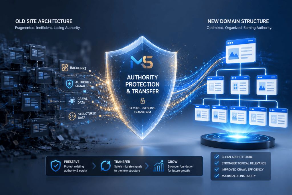 Abstract illustration of SEO authority signals passing safely through a protective shield during a website migration.