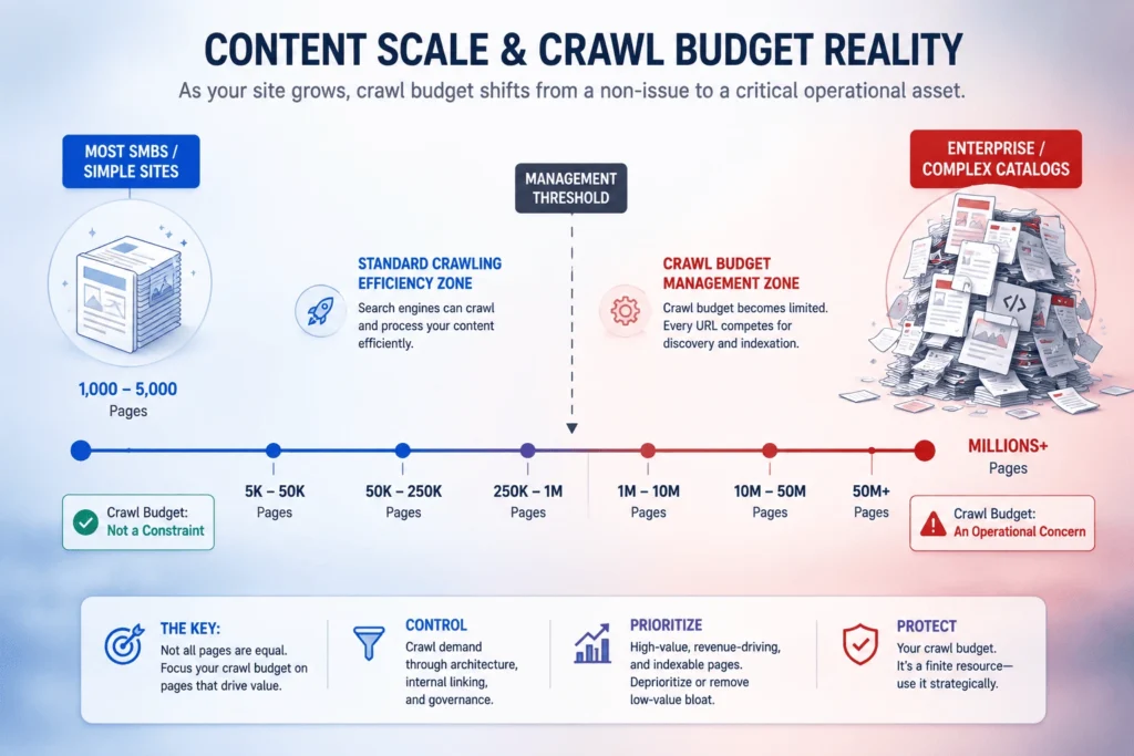 A timeline comparison chart showing that crawl budget becomes an operational concern for complex or massive-scale websites but is efficiently managed for most small and mid-sized business sites.