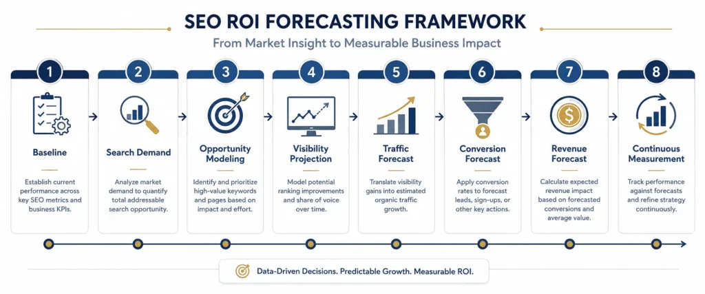 Infographic diagram mapping the eight-stage MS SEO Forecasting Framework from Baseline to Continuous Measurement.