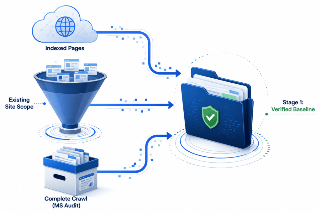 Diagram showing indexed pages and a complete site crawl feeding into a verified baseline for SEO migration planning.