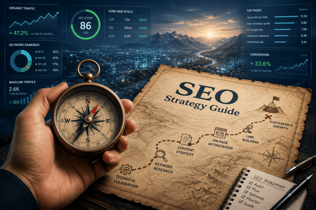 Hand holding a compass over an SEO Strategy Guide map with digital analytics dashboards and search performance charts.