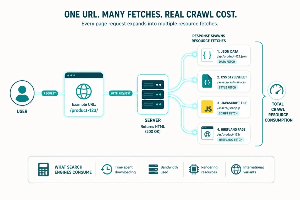 A flow diagram illustrating how fetching a single canonical URL generates multiple component requests, showing that HTML, CSS, JavaScript, and asset files all consume crawler resources from the same shared budget.