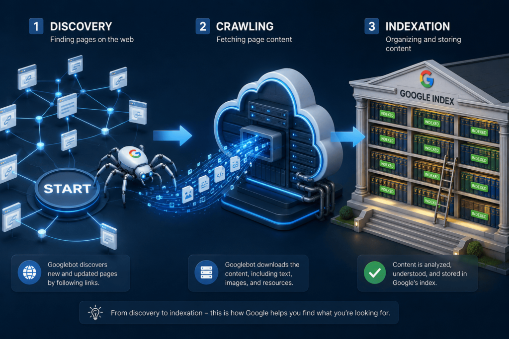 Infographic illustrating the three stages of search: Discovery, Crawling, and Indexation.