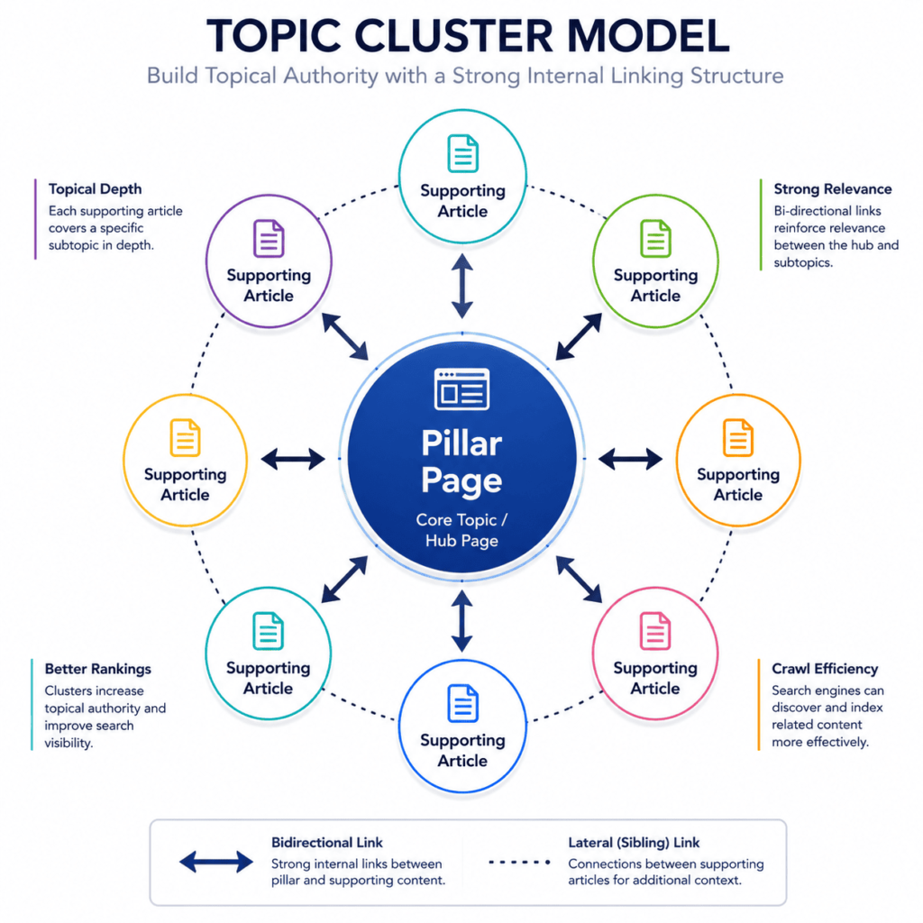 Topic cluster diagram displaying bidirectional link relationships between a central pillar page and supporting sub-topic articles