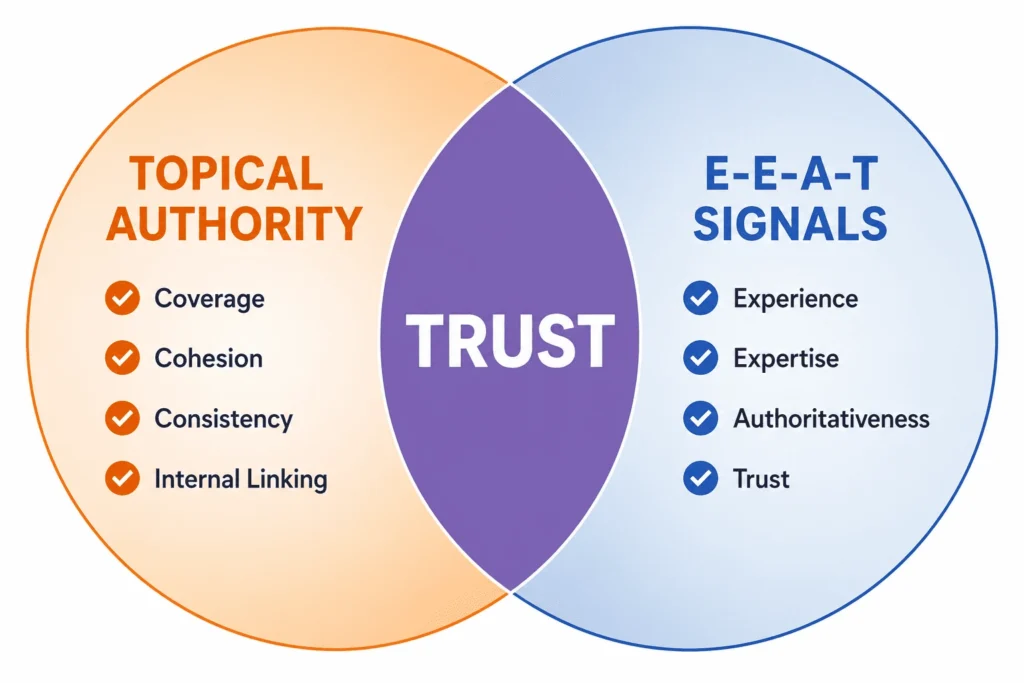 Venn diagram showing the relationship between Topical Authority and E-E-A-T signals.