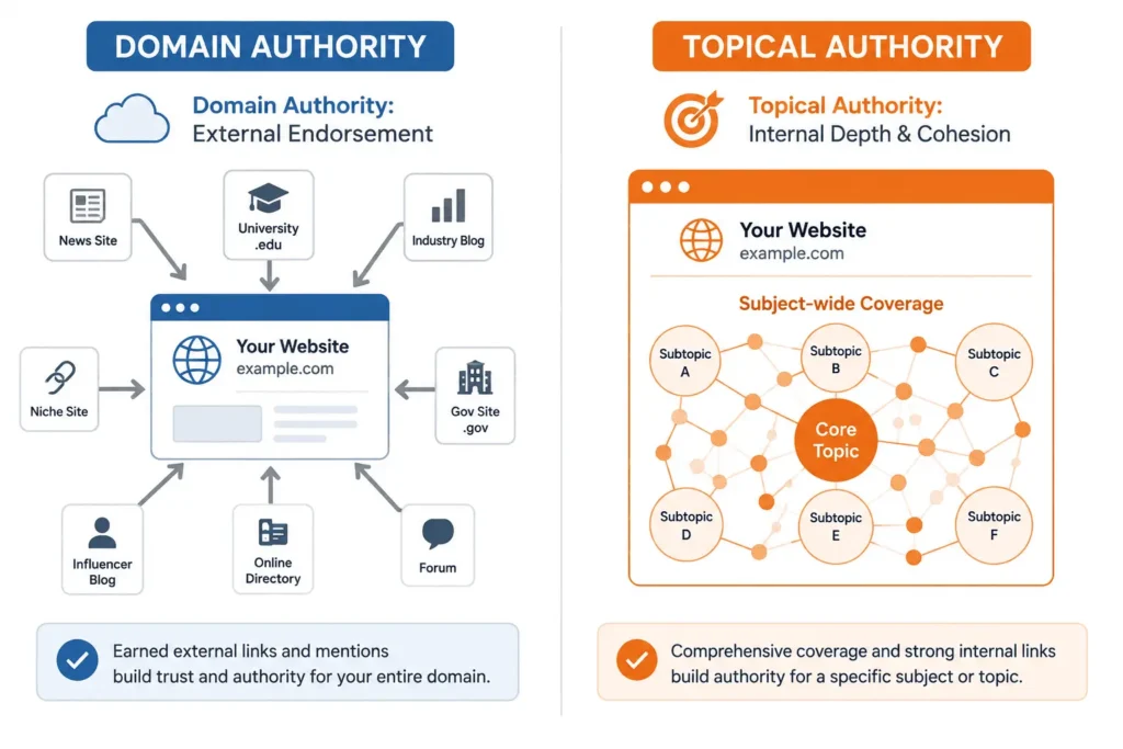 Data visualization comparing Domain Authority and Topical Authority conceptual models.