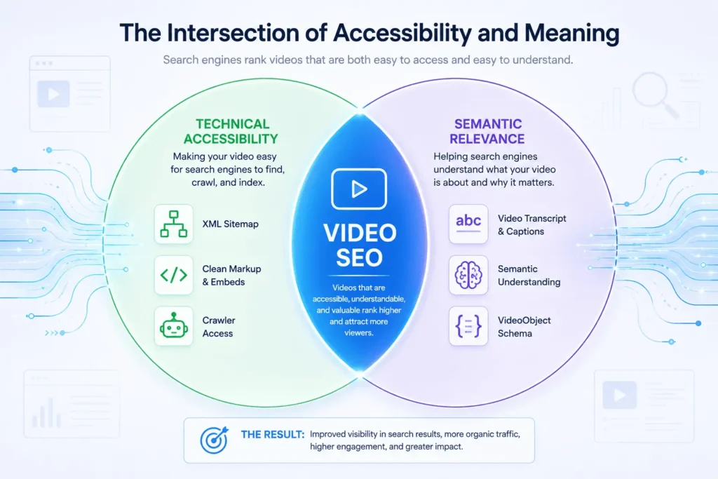 A clean Venn diagram illustration showing the overlap between "Technical Accessibility" (left) and "Semantic Relevance" (right), with "Video SEO" defined in the central intersection.