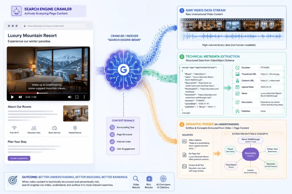 A futuristic visualization showing a search engine crawler transforming raw video footage data into machine-readable text and entity relationship nodes.