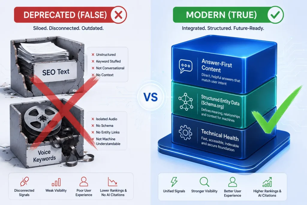 A comparison graphic debunking the myth that voice search needs a separate technical stack from regular AI-ready SEO.