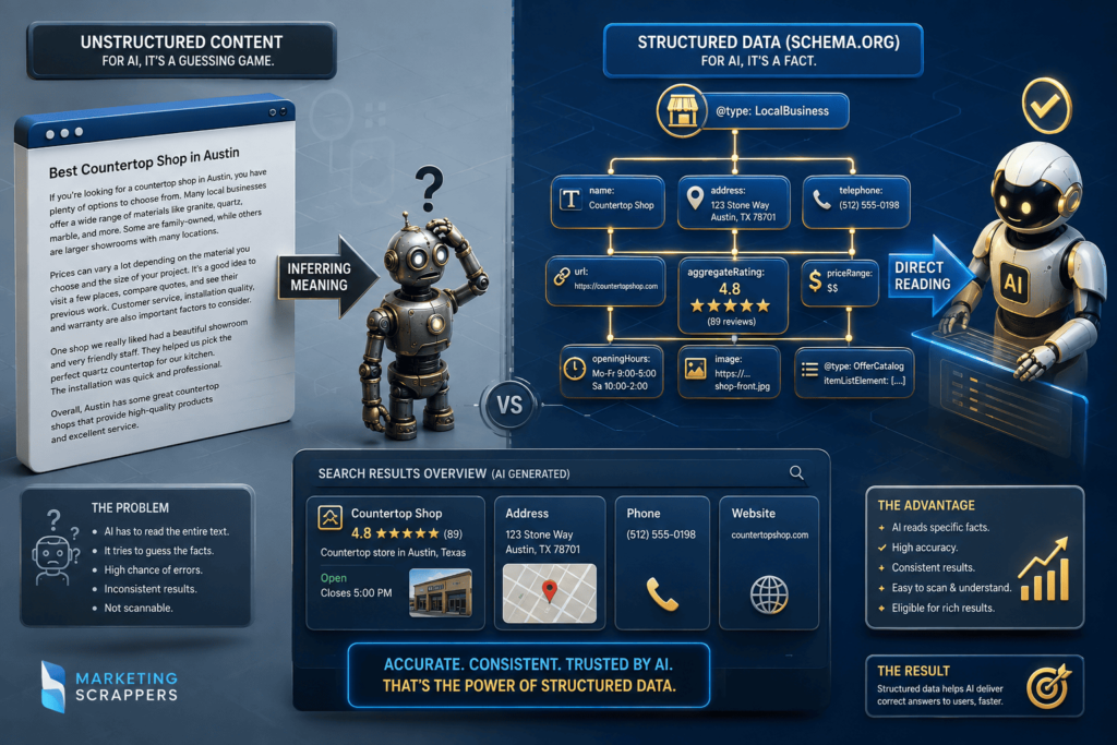 Diagram explaining what is structured data and how it connects webpage content to the Knowledge Graph