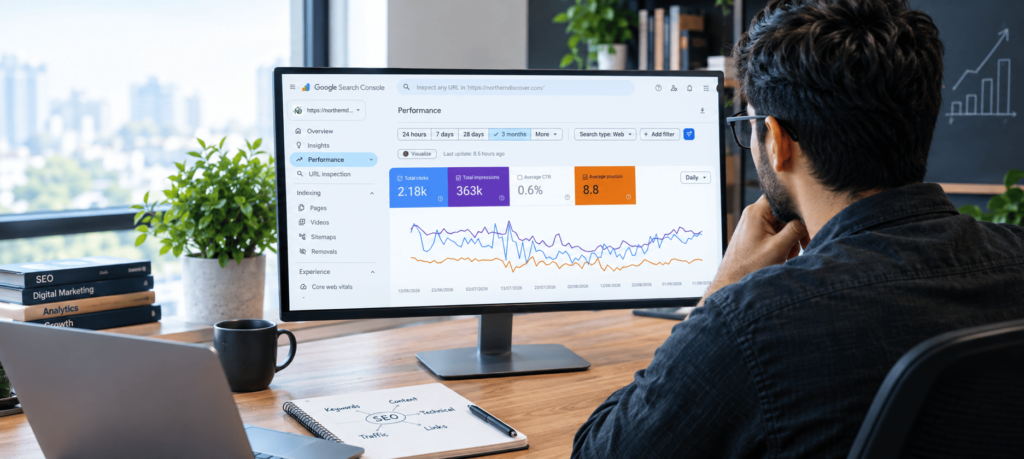 Google Search Console performance dashboard showing SEO clicks, impressions, average CTR and search ranking data