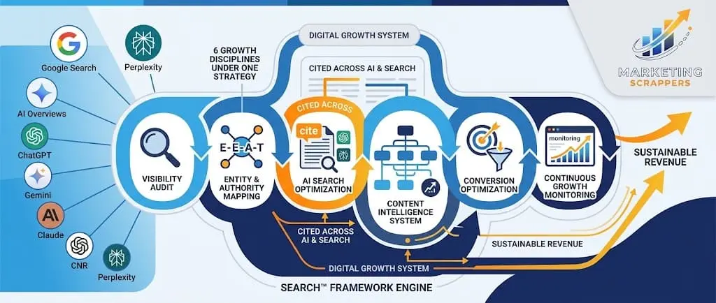 Infographic for Marketing Scrappers outlining their SEARCH™ framework, showing the process from Visibility Audit and Entity Mapping to AI Search Optimization and Conversion for sustainable revenue.
