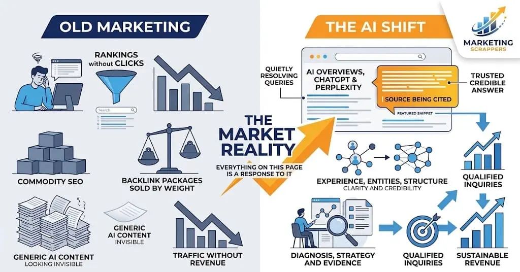 A comparison infographic from Marketing Scrappers showing "Old Marketing" (declining rankings and empty funnels) versus "The AI Shift" (being cited as a trusted source in AI overviews and answer engines).