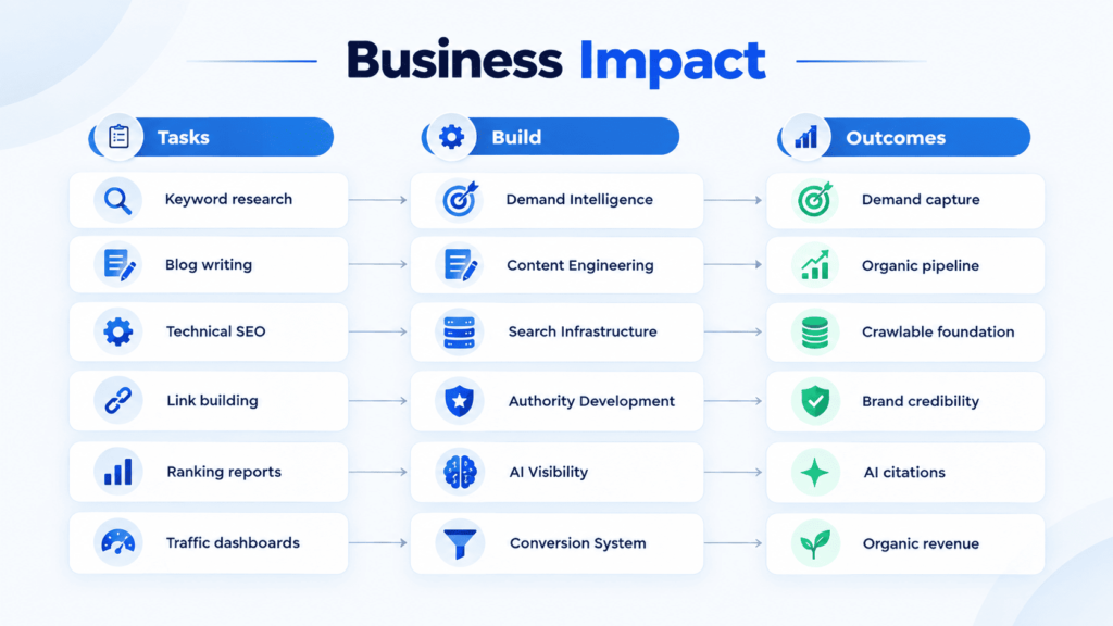 Marketing Scrappers business impact framework connecting marketing tasks to growth outcomes.