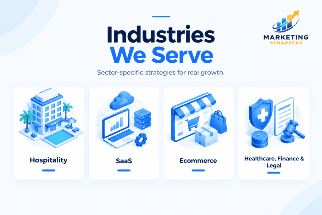 Marketing Scrappers industries served across hospitality, SaaS, ecommerce, healthcare, finance and legal.