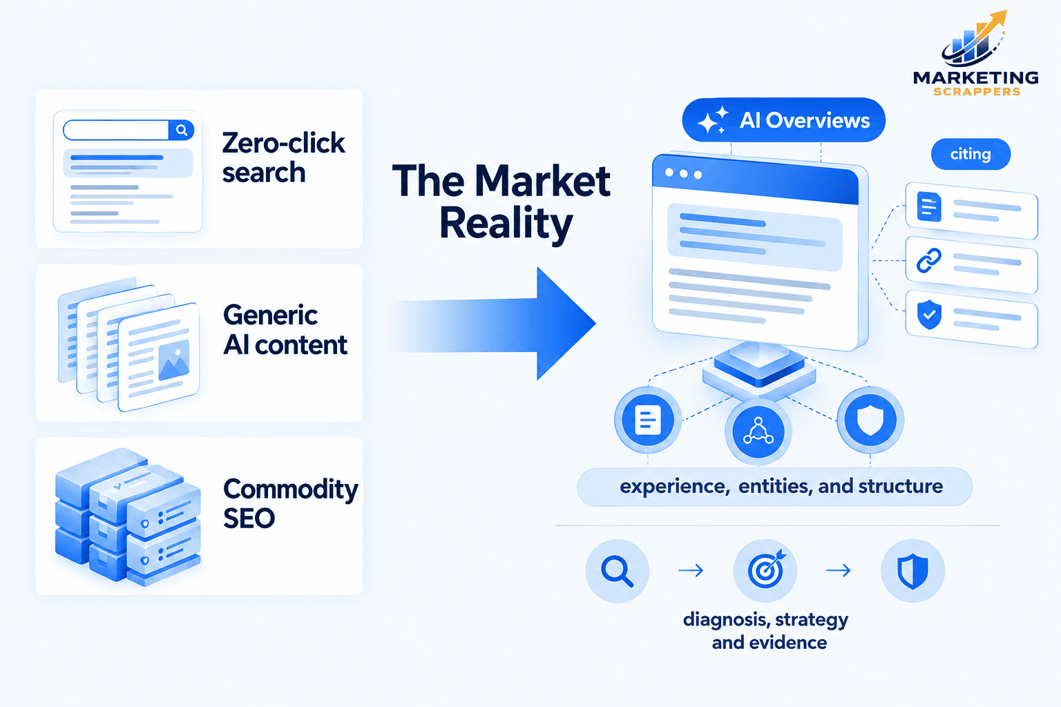 Marketing Scrappers illustration showing the shift from traditional SEO to AI search