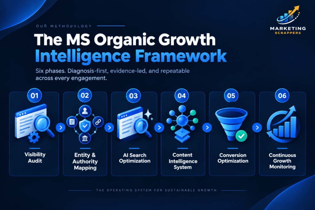 Marketing Scrappers organic growth framework showing six SEO and growth methodology phases with visual icons.