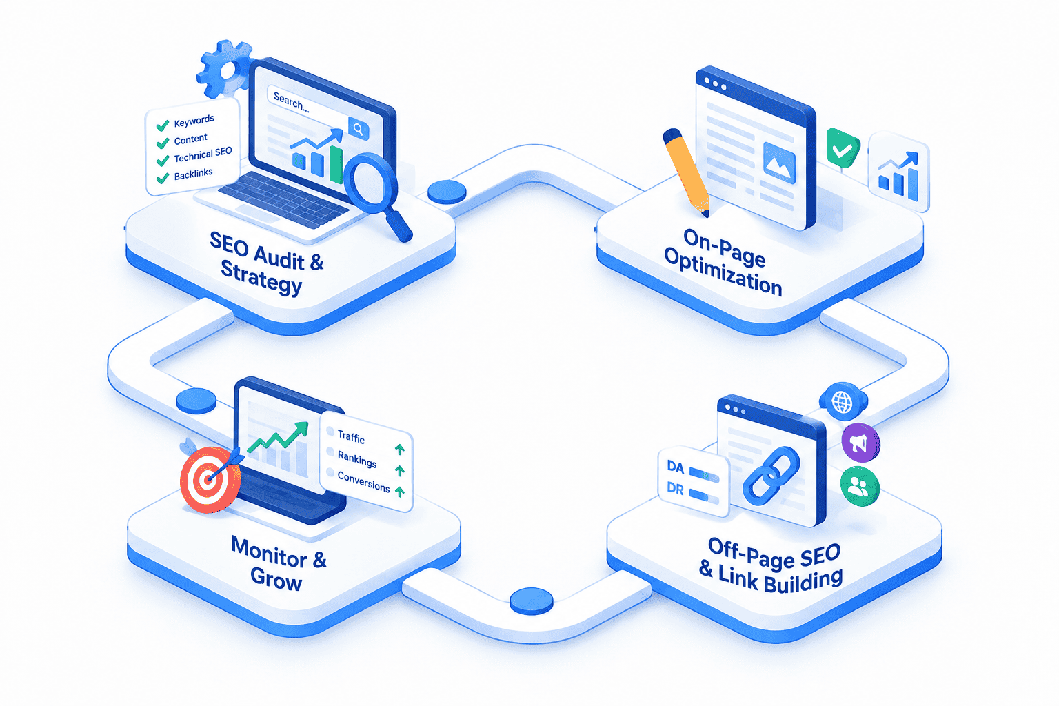SEO workflow showing audit strategy, on-page optimization, off-page SEO, link building and performance monitoring